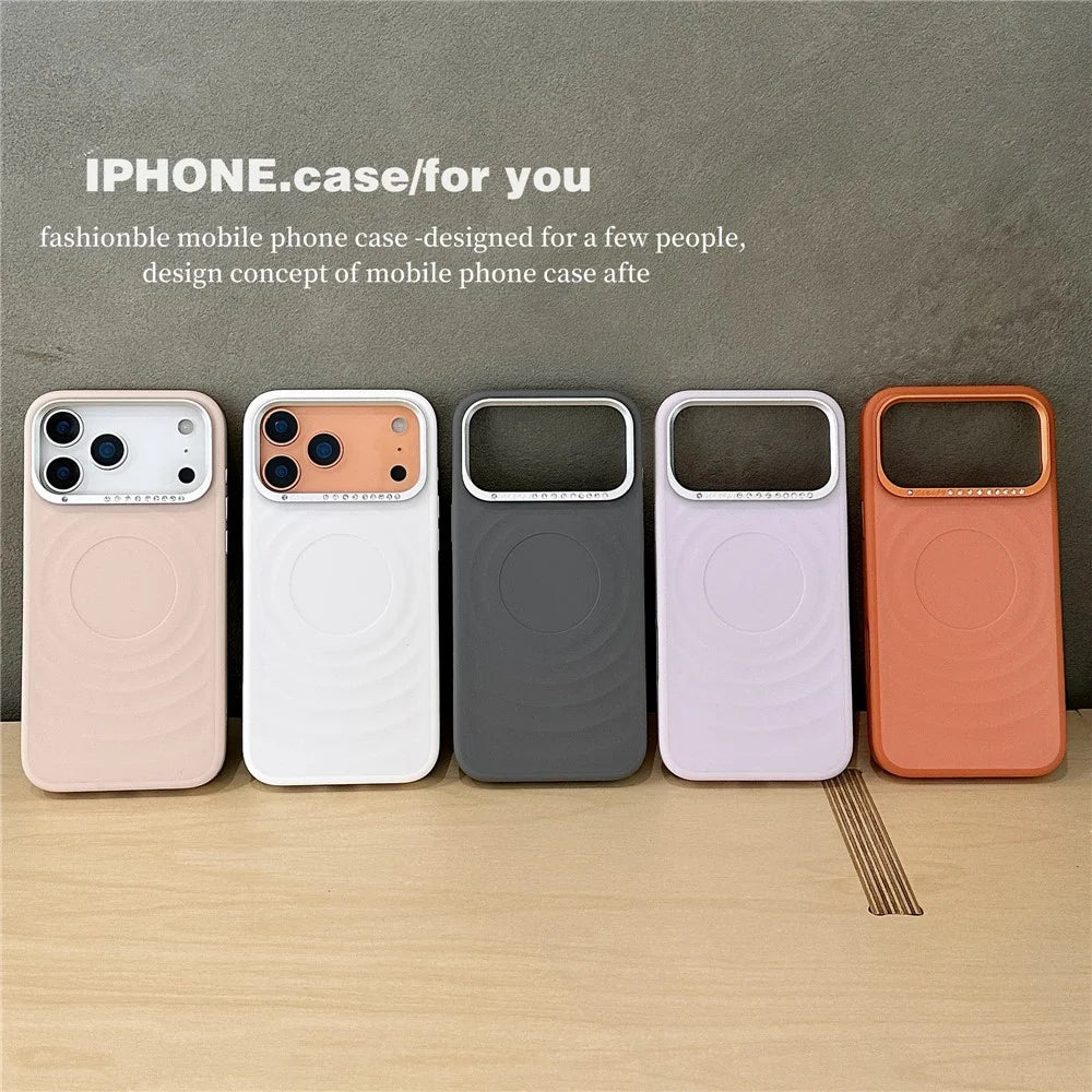 For iPhone 17 Pro Magnetic Case Ripple Texture Rhinestone Decor Lens Frame TPU Phone Cover with Tempered Glass Screen Film - Pink - 6