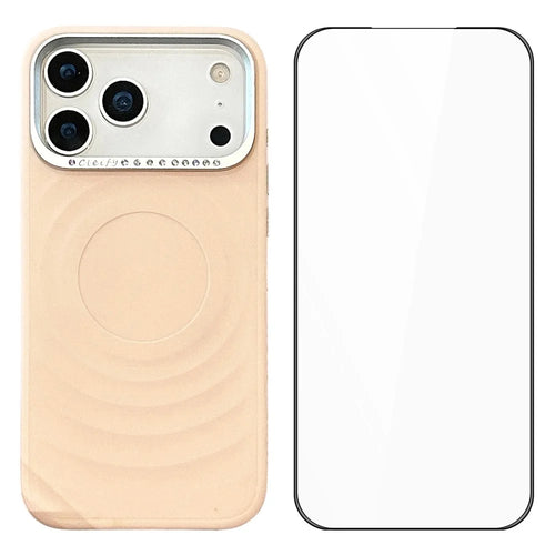 For iPhone 17 Pro Max Case Magnetic Case Ripple Texture Rhinestone Decor Lens Frame TPU Phone Cover with Tempered Glass Screen Film - Pink - 1
