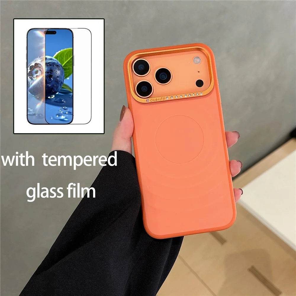 For iPhone 17 Pro Max Case Magnetic Case Ripple Texture Rhinestone Decor Lens Frame TPU Phone Cover with Tempered Glass Screen Film - Pink - 2