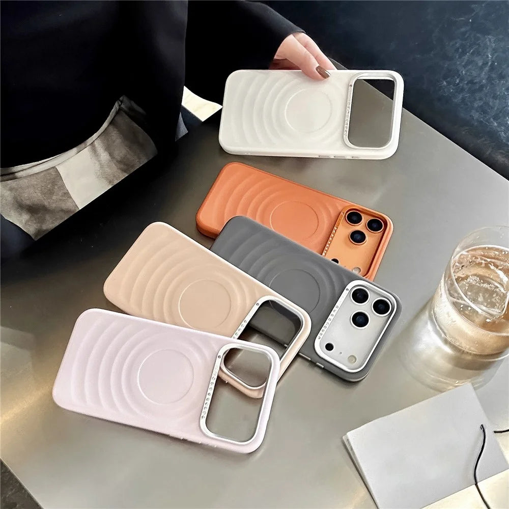 For iPhone 17 Pro Max Case Magnetic Case Ripple Texture Rhinestone Decor Lens Frame TPU Phone Cover with Tempered Glass Screen Film - Pink - 4