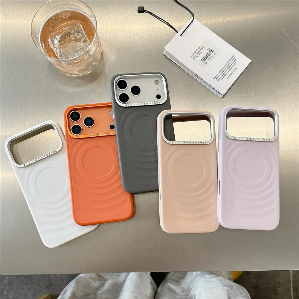 For iPhone 17 Pro Max Case Magnetic Case Ripple Texture Rhinestone Decor Lens Frame TPU Phone Cover with Tempered Glass Screen Film - Pink - 5