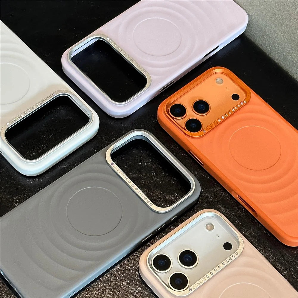 For iPhone 17 Pro Max Case Magnetic Case Ripple Texture Rhinestone Decor Lens Frame TPU Phone Cover with Tempered Glass Screen Film - Pink - 7