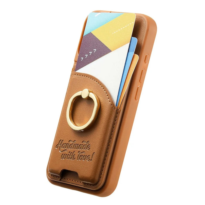 For iPhone 15 Pro Case Card Holder Rhinestone Ring Holder Kickstand Leather Back Phone Cover - Brown - 2