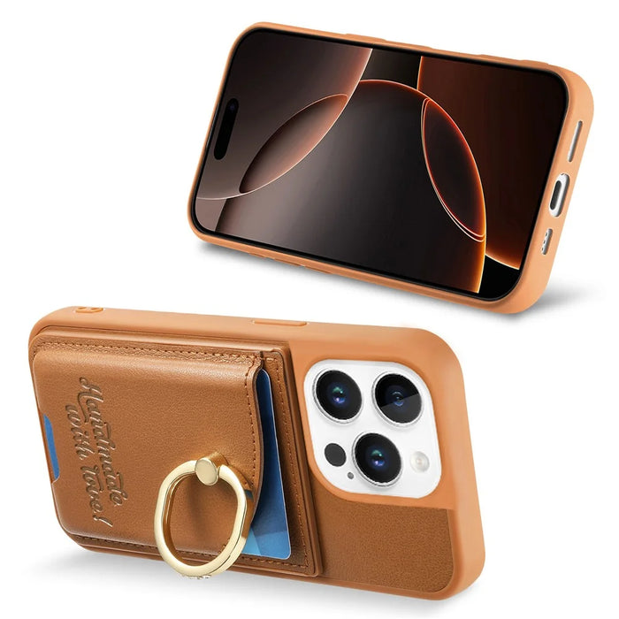 For iPhone 15 Pro Case Card Holder Rhinestone Ring Holder Kickstand Leather Back Phone Cover - Brown - 5