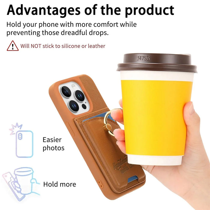 For iPhone 15 Pro Case Card Holder Rhinestone Ring Holder Kickstand Leather Back Phone Cover - Brown - 6