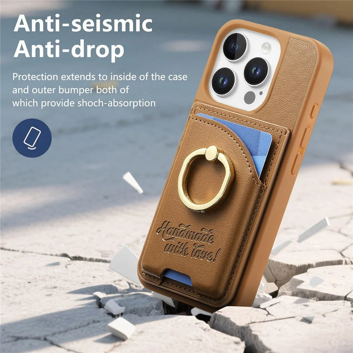 For iPhone 15 Pro Case Card Holder Rhinestone Ring Holder Kickstand Leather Back Phone Cover - Brown - 7