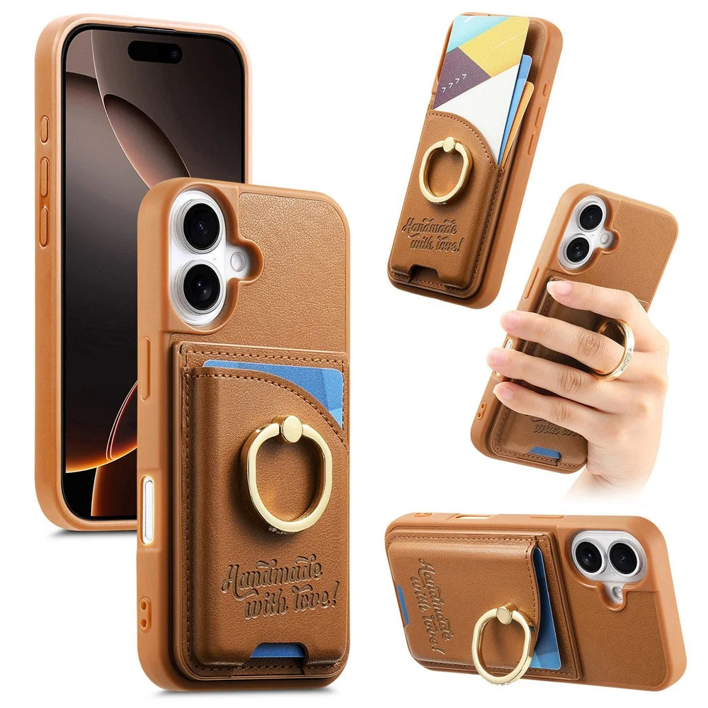 For iPhone 16 Case Card Holder Rhinestone Ring Holder Kickstand Leather Back Phone Cover - Brown - 1