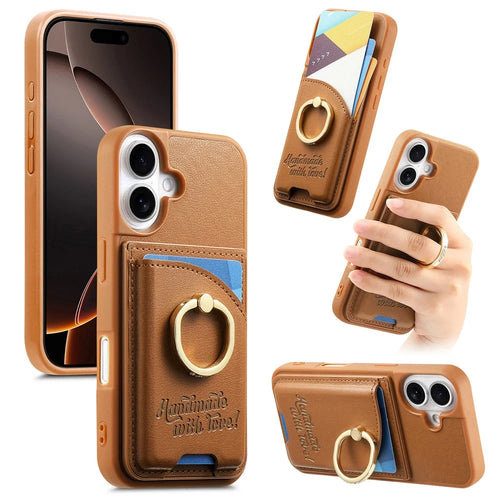 For iPhone 16 Case Card Holder Rhinestone Ring Holder Kickstand Leather Back Phone Cover - Brown - 1