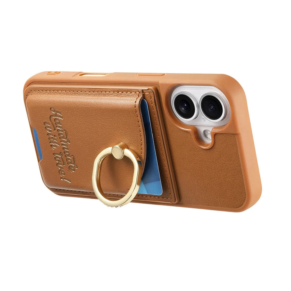 For iPhone 16 Case Card Holder Rhinestone Ring Holder Kickstand Leather Back Phone Cover - Brown - 3