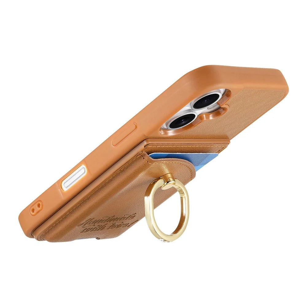 For iPhone 16 Case Card Holder Rhinestone Ring Holder Kickstand Leather Back Phone Cover - Brown - 4