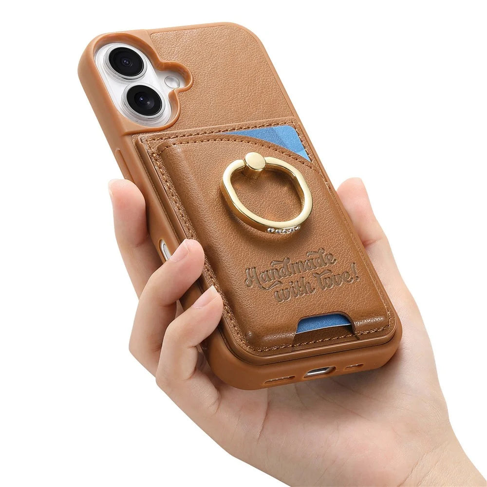 For iPhone 16 Case Card Holder Rhinestone Ring Holder Kickstand Leather Back Phone Cover - Brown - 5