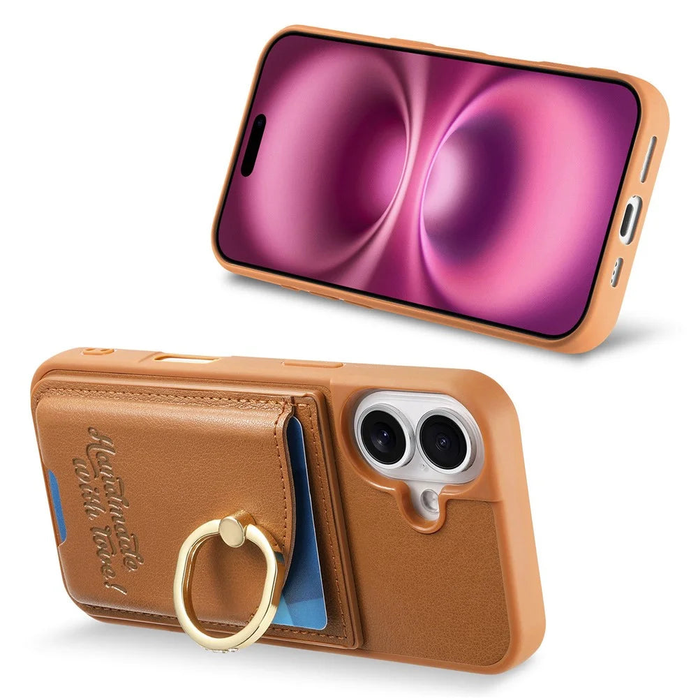 For iPhone 16 Case Card Holder Rhinestone Ring Holder Kickstand Leather Back Phone Cover - Brown - 6