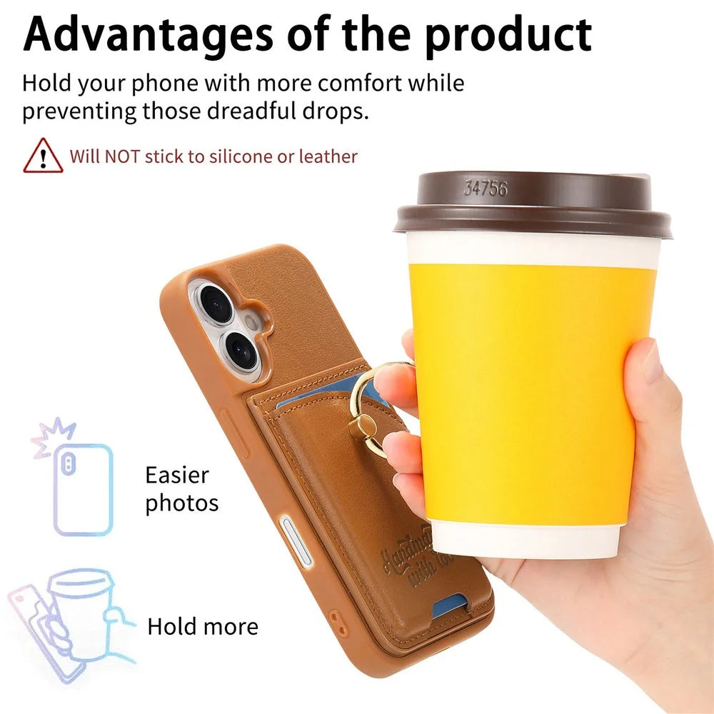 For iPhone 16 Case Card Holder Rhinestone Ring Holder Kickstand Leather Back Phone Cover - Brown - 7