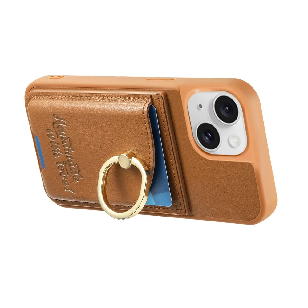 For iPhone 15 Case Card Holder Rhinestone Ring Holder Kickstand Leather Back Phone Cover - Brown - 3