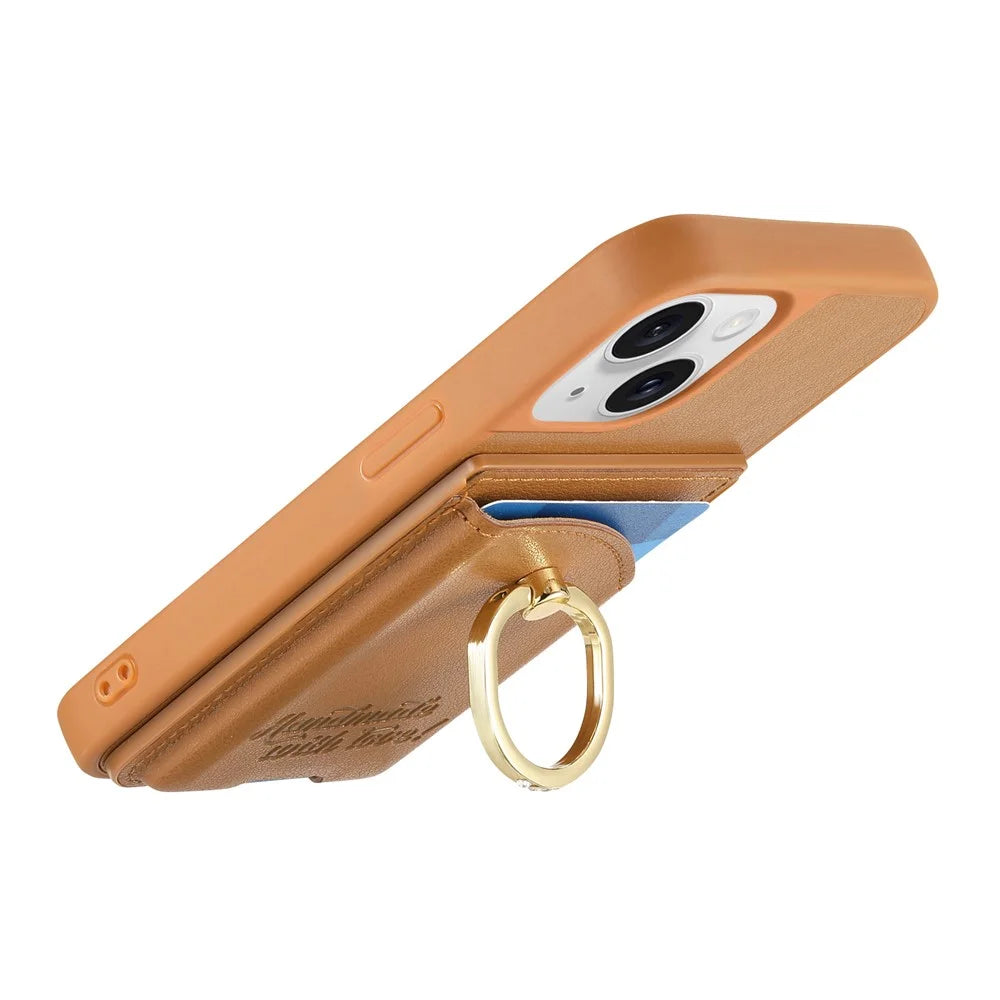 For iPhone 15 Case Card Holder Rhinestone Ring Holder Kickstand Leather Back Phone Cover - Brown - 4