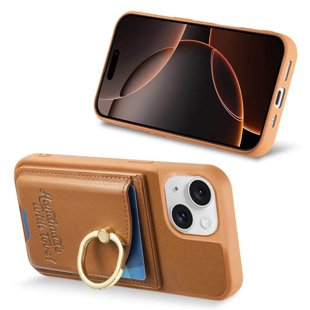 For iPhone 15 Case Card Holder Rhinestone Ring Holder Kickstand Leather Back Phone Cover - Brown - 5
