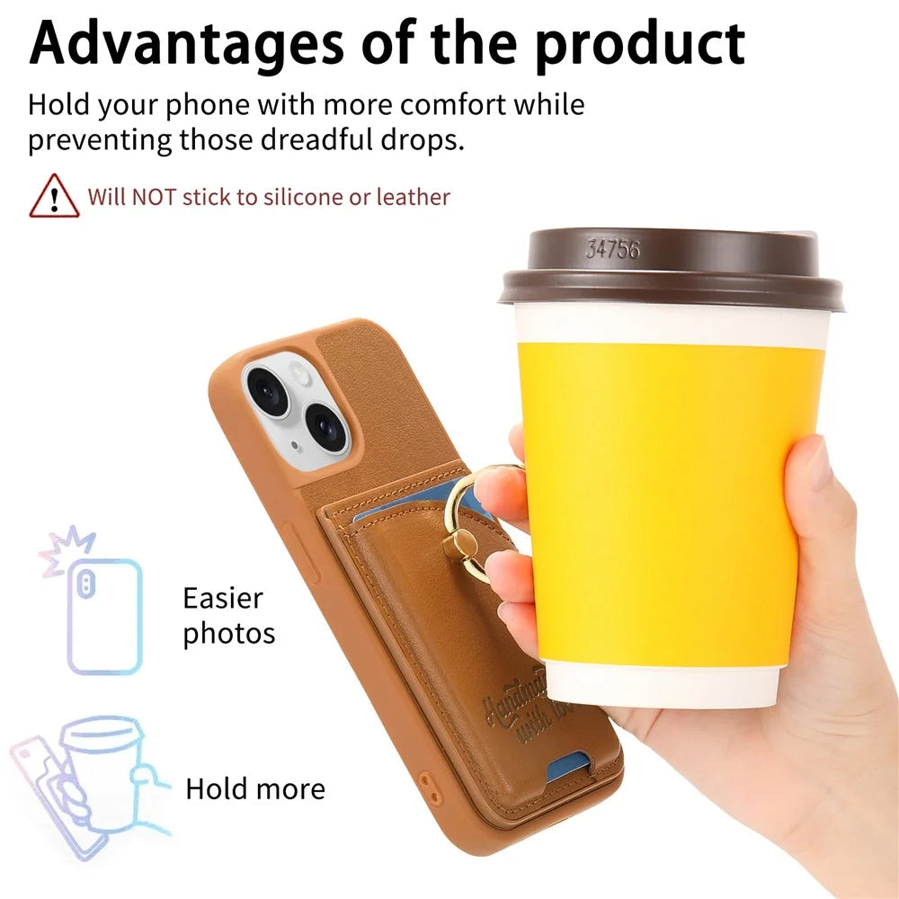 For iPhone 15 Case Card Holder Rhinestone Ring Holder Kickstand Leather Back Phone Cover - Brown - 6