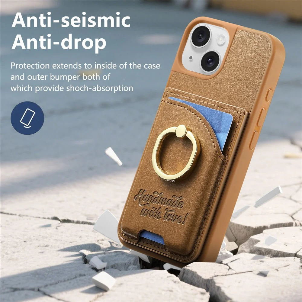 For iPhone 15 Case Card Holder Rhinestone Ring Holder Kickstand Leather Back Phone Cover - Brown - 7