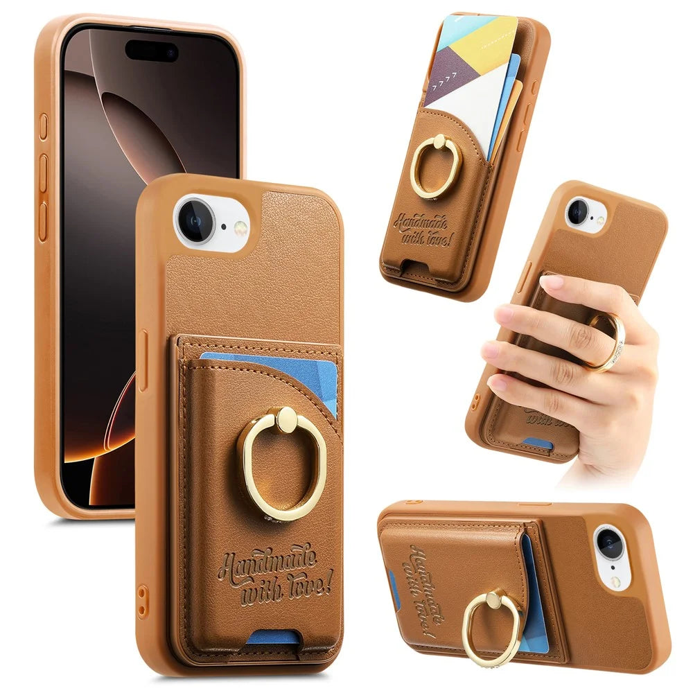 For iPhone 17e / 16e Case Card Holder Rhinestone Ring Holder Kickstand Leather Back Phone Cover - Brown - 1