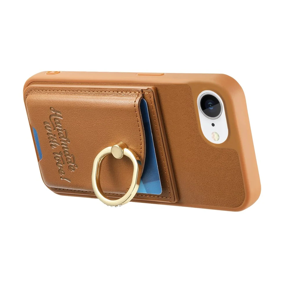 For iPhone 17e / 16e Case Card Holder Rhinestone Ring Holder Kickstand Leather Back Phone Cover - Brown - 3