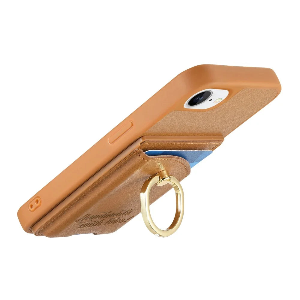 For iPhone 17e / 16e Case Card Holder Rhinestone Ring Holder Kickstand Leather Back Phone Cover - Brown - 4