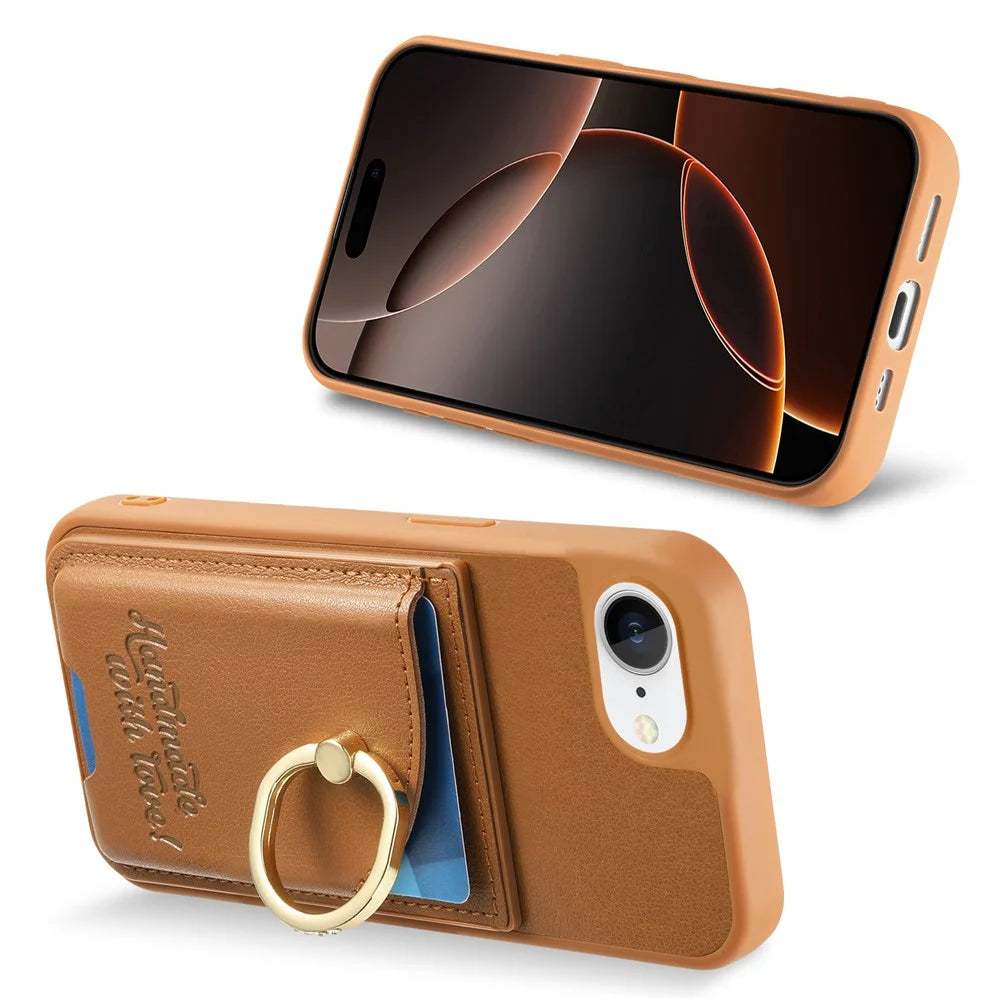 For iPhone 17e / 16e Case Card Holder Rhinestone Ring Holder Kickstand Leather Back Phone Cover - Brown - 5