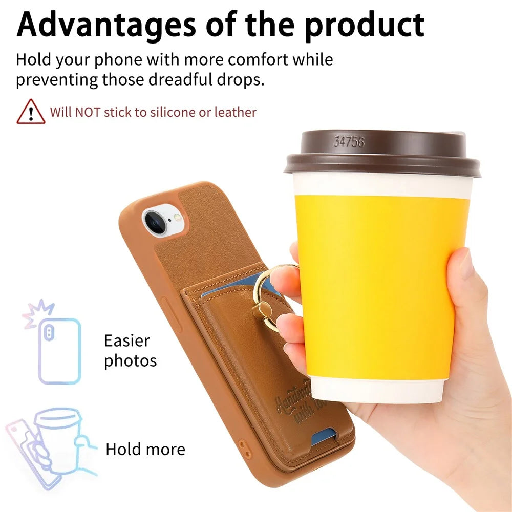 For iPhone 17e / 16e Case Card Holder Rhinestone Ring Holder Kickstand Leather Back Phone Cover - Brown - 6