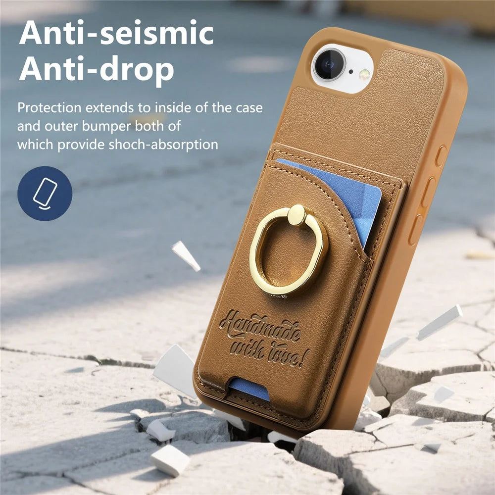 For iPhone 17e / 16e Case Card Holder Rhinestone Ring Holder Kickstand Leather Back Phone Cover - Brown - 7