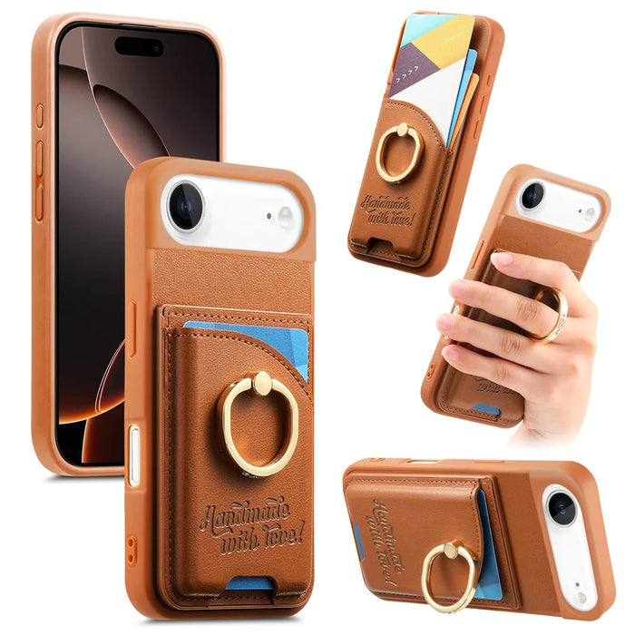 For iPhone Air Case Card Holder Rhinestone Ring Holder Kickstand Leather Back Phone Cover - Brown - 1