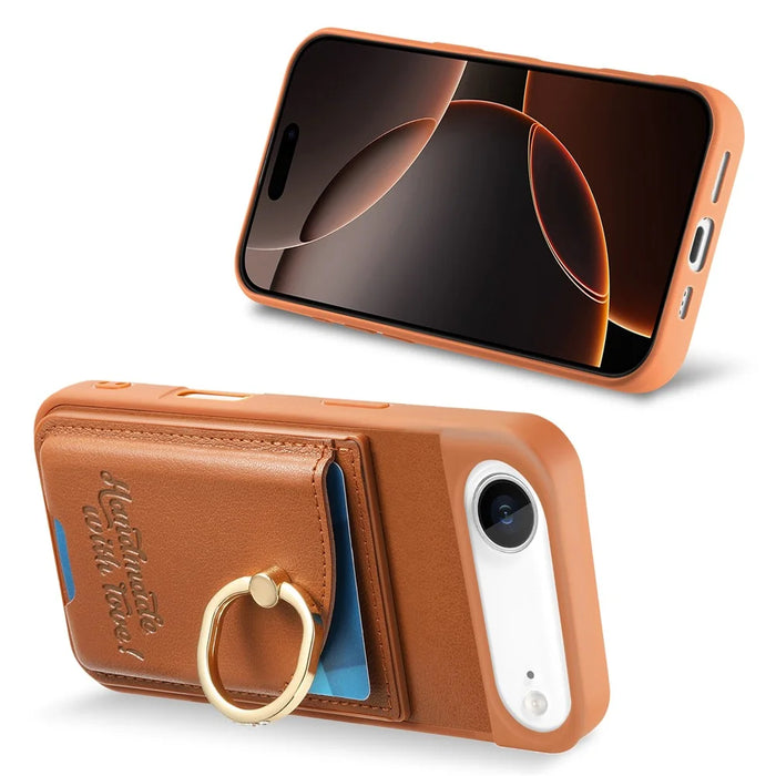 For iPhone Air Case Card Holder Rhinestone Ring Holder Kickstand Leather Back Phone Cover - Brown - 5