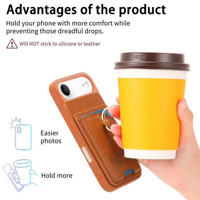 For iPhone Air Case Card Holder Rhinestone Ring Holder Kickstand Leather Back Phone Cover - Brown - 6