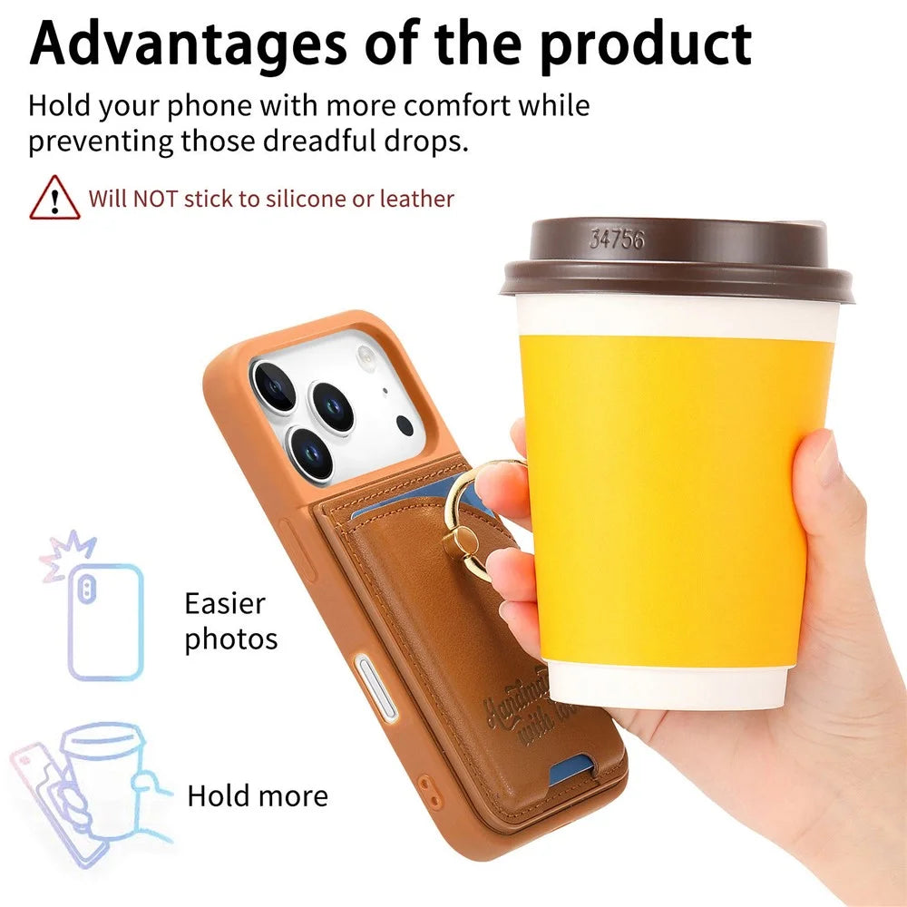 For iPhone 18 Pro Max / 17 Pro Max Case Card Holder Rhinestone Ring Holder Kickstand Leather Back Phone Cover - Brown - 6