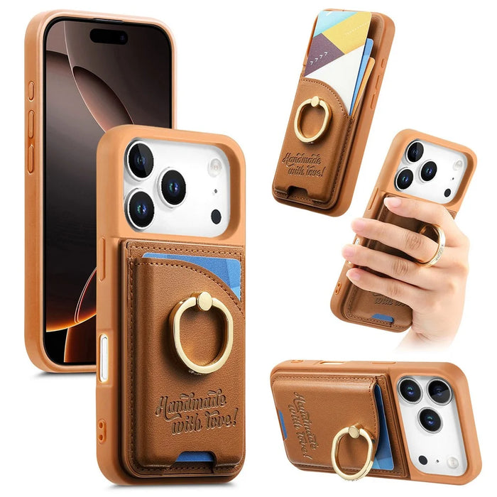 For iPhone 18 Pro / 17 Pro Case Card Holder Rhinestone Ring Holder Kickstand Leather Back Phone Cover - Brown - 1