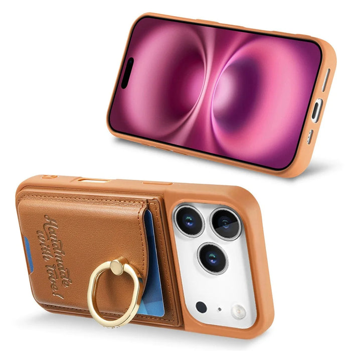 For iPhone 18 Pro / 17 Pro Case Card Holder Rhinestone Ring Holder Kickstand Leather Back Phone Cover - Brown - 5
