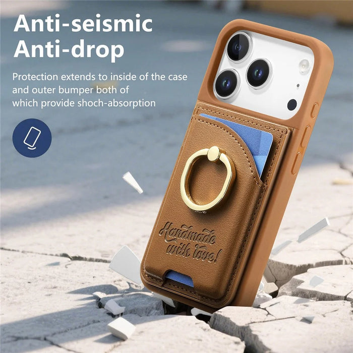 For iPhone 18 Pro / 17 Pro Case Card Holder Rhinestone Ring Holder Kickstand Leather Back Phone Cover - Brown - 7