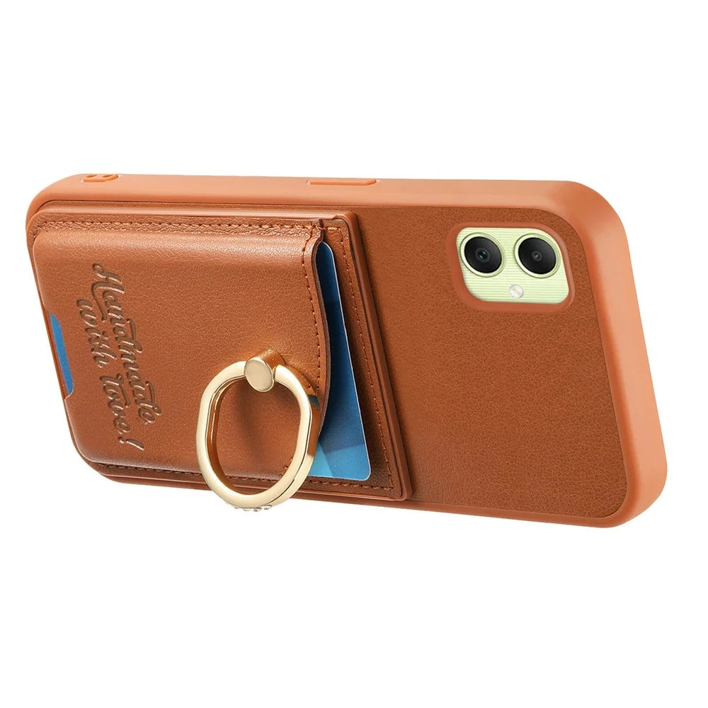 For Samsung Galaxy A05 4G Case Card Holder Rhinestone Ring Holder Kickstand Leather Back Phone Cover - Brown - 3