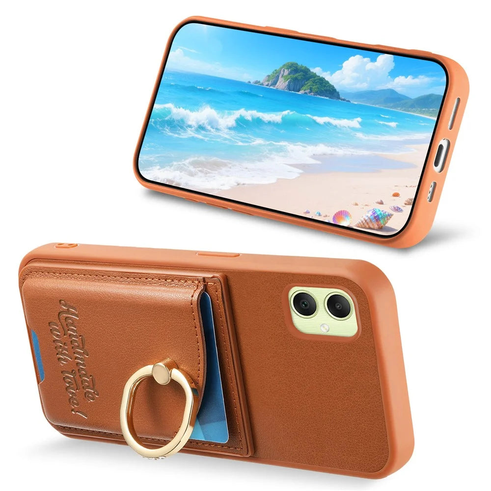 For Samsung Galaxy A05 4G Case Card Holder Rhinestone Ring Holder Kickstand Leather Back Phone Cover - Brown - 5