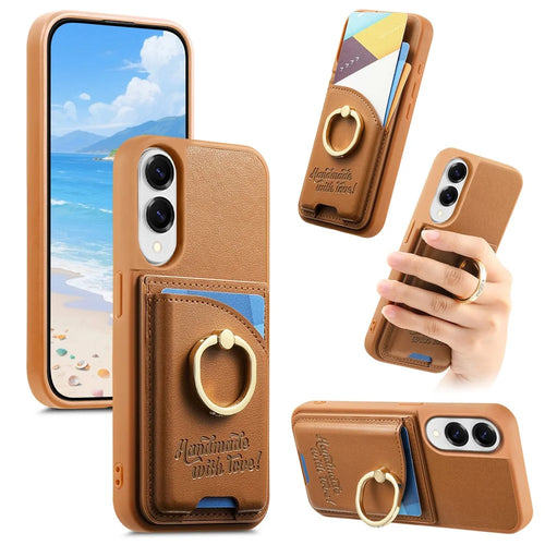 For Samsung Galaxy S25 Edge Case Card Holder Rhinestone Ring Holder Kickstand Leather Back Phone Cover - Brown - 1
