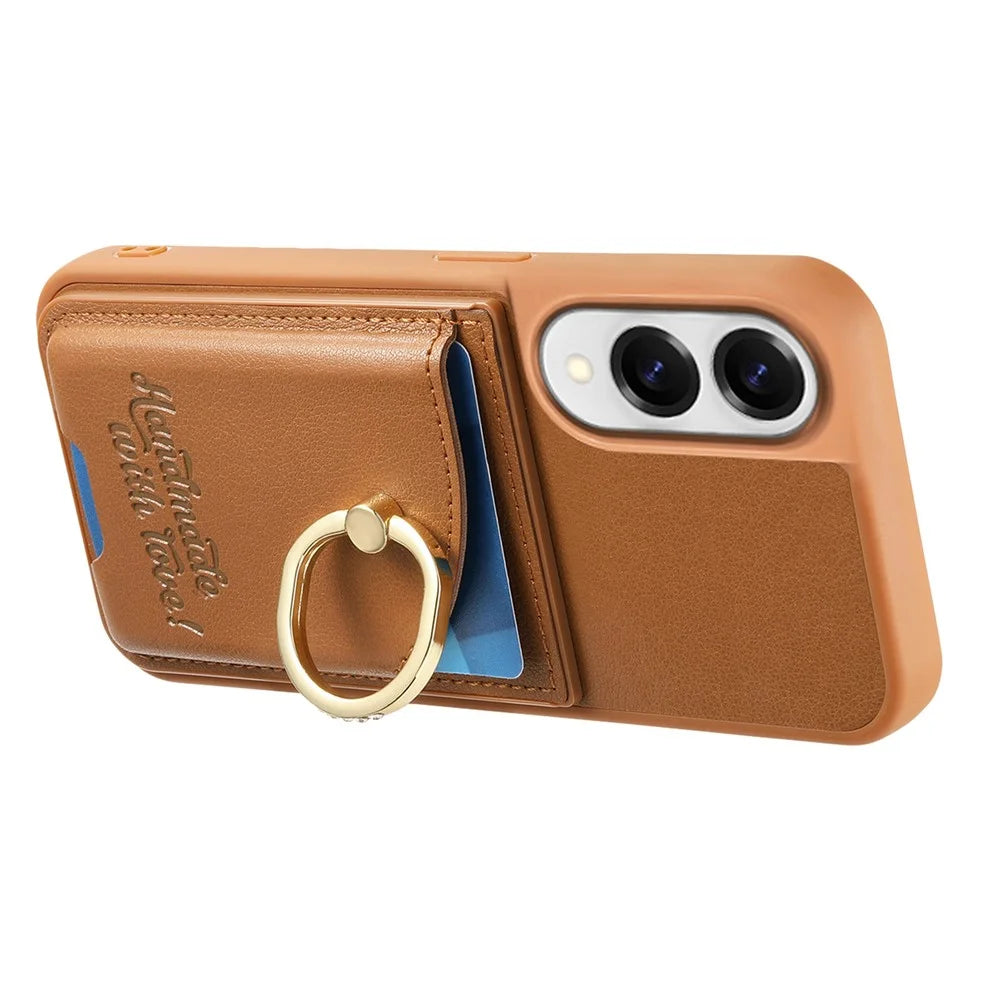 For Samsung Galaxy S25 Edge Case Card Holder Rhinestone Ring Holder Kickstand Leather Back Phone Cover - Brown - 3
