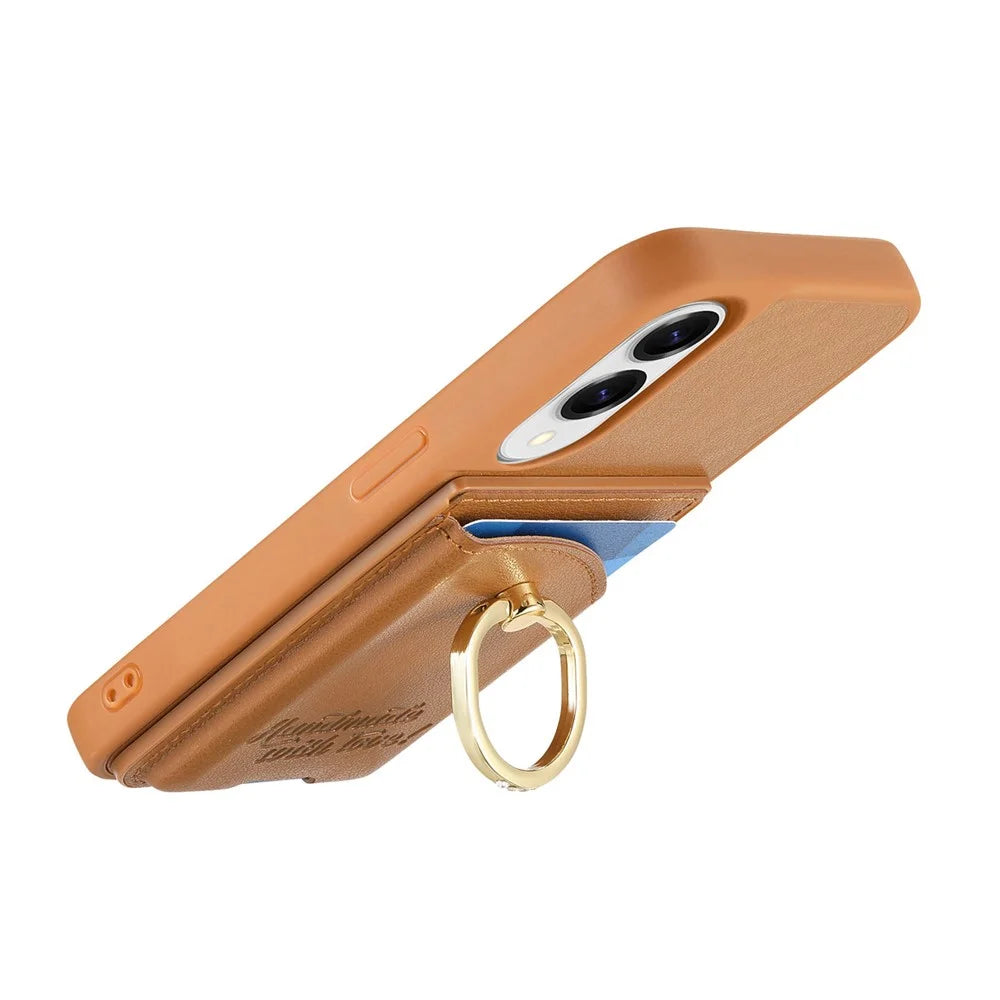 For Samsung Galaxy S25 Edge Case Card Holder Rhinestone Ring Holder Kickstand Leather Back Phone Cover - Brown - 4