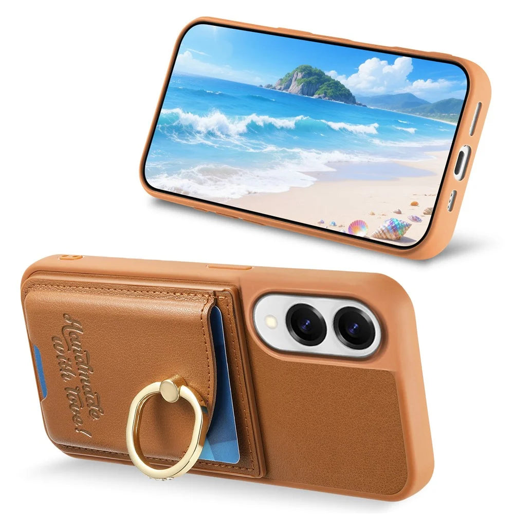 For Samsung Galaxy S25 Edge Case Card Holder Rhinestone Ring Holder Kickstand Leather Back Phone Cover - Brown - 5