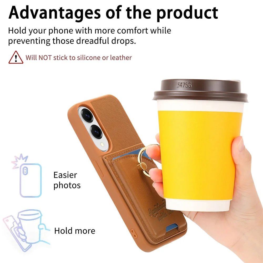 For Samsung Galaxy S25 Edge Case Card Holder Rhinestone Ring Holder Kickstand Leather Back Phone Cover - Brown - 6