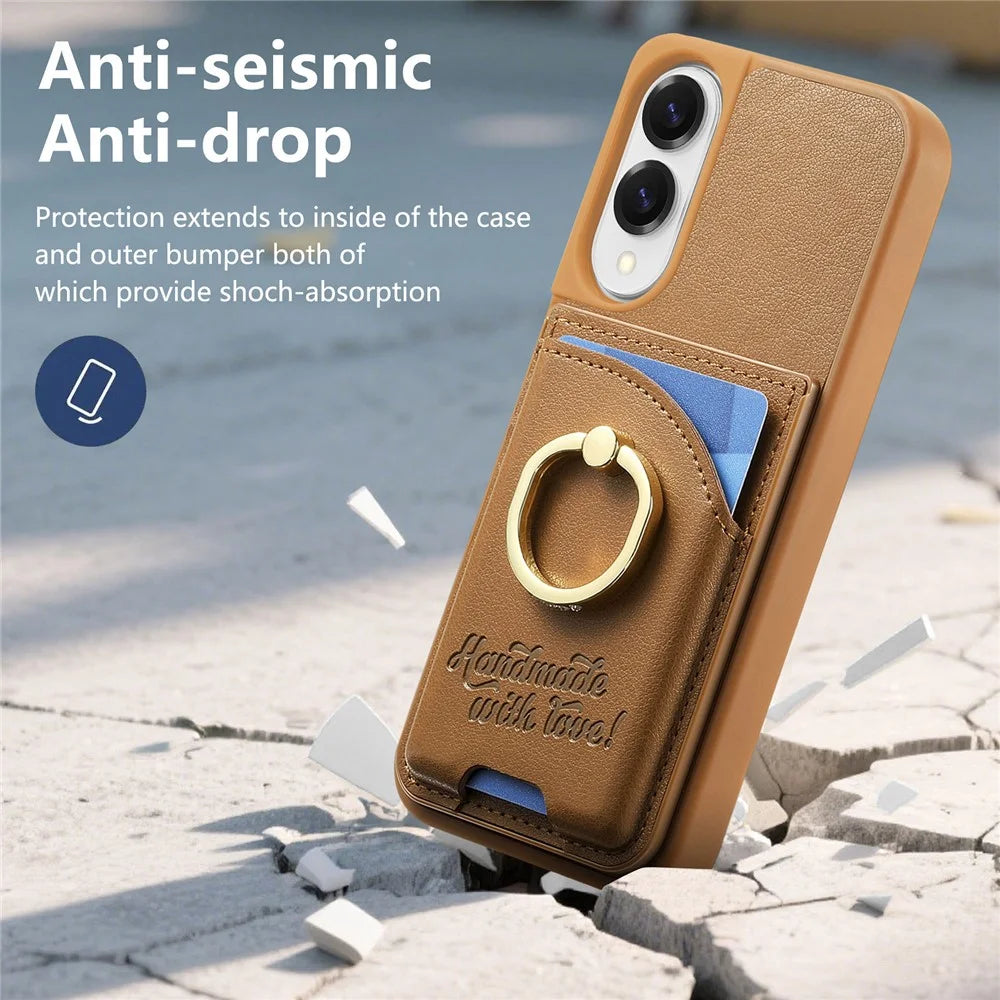 For Samsung Galaxy S25 Edge Case Card Holder Rhinestone Ring Holder Kickstand Leather Back Phone Cover - Brown - 7