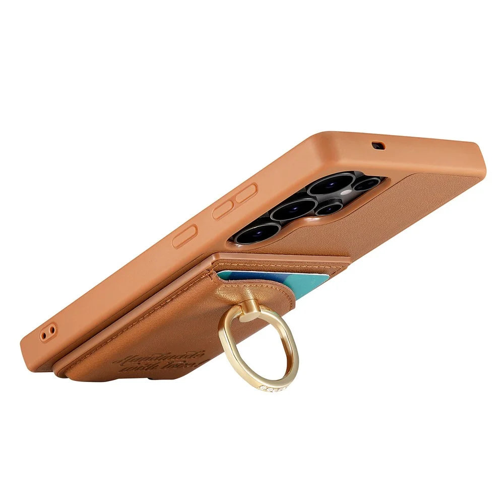 For Samsung Galaxy S25 Ultra Case Card Holder Rhinestone Ring Holder Kickstand Leather Back Phone Cover - Brown - 5