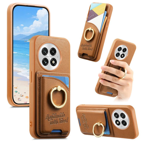 For OnePlus 13 Case Card Holder Rhinestone Ring Holder Kickstand Leather Back Phone Cover - Brown - 1