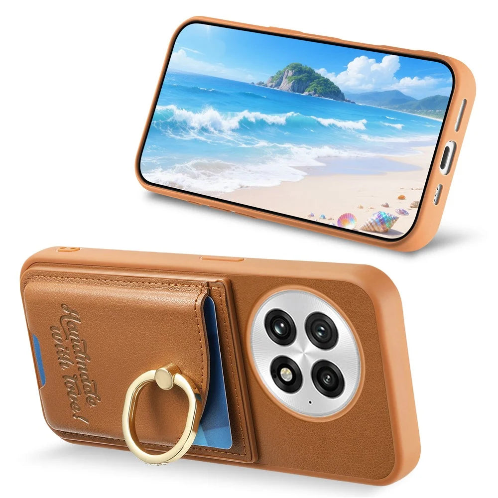 For OnePlus 13 Case Card Holder Rhinestone Ring Holder Kickstand Leather Back Phone Cover - Brown - 4