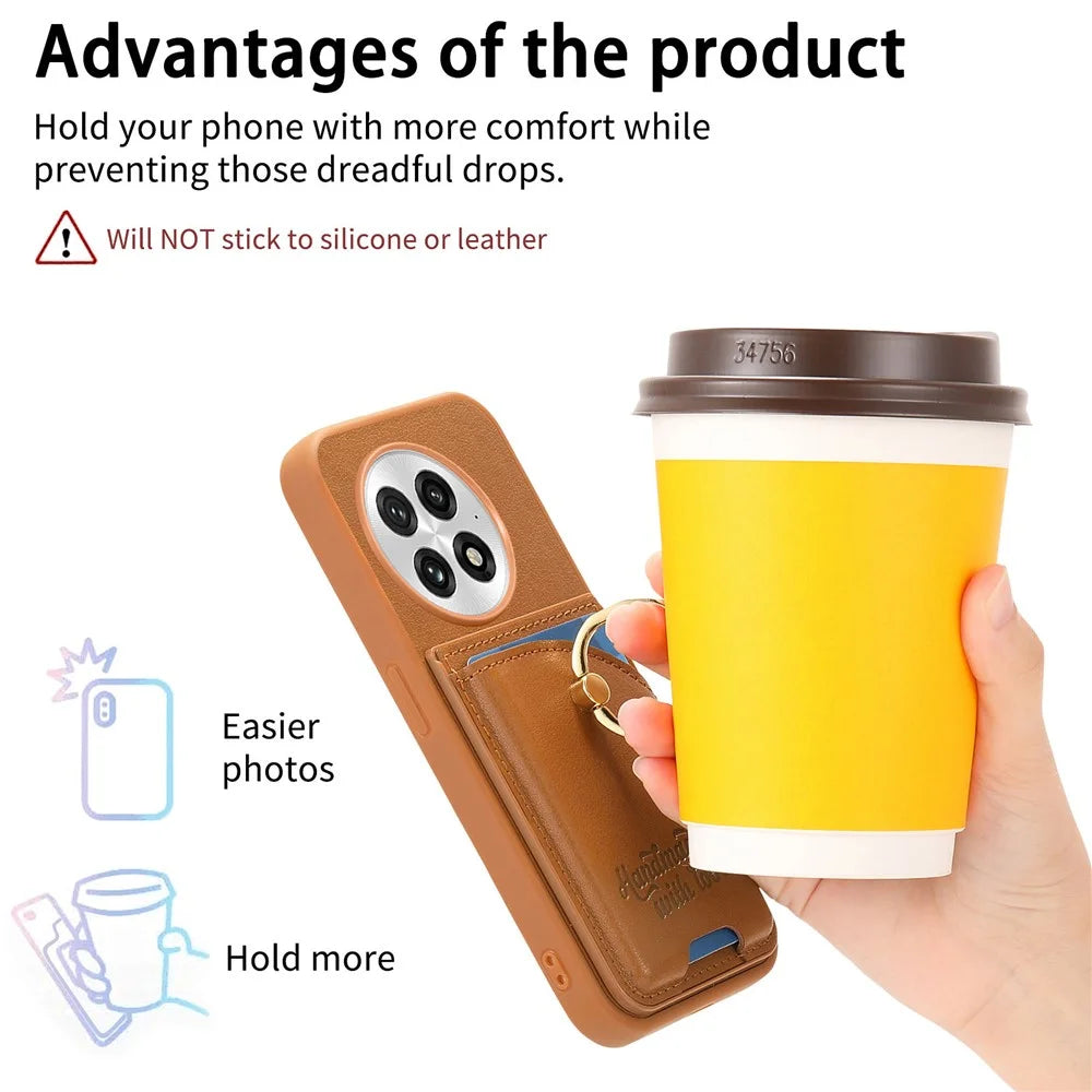 For OnePlus 13 Case Card Holder Rhinestone Ring Holder Kickstand Leather Back Phone Cover - Brown - 5