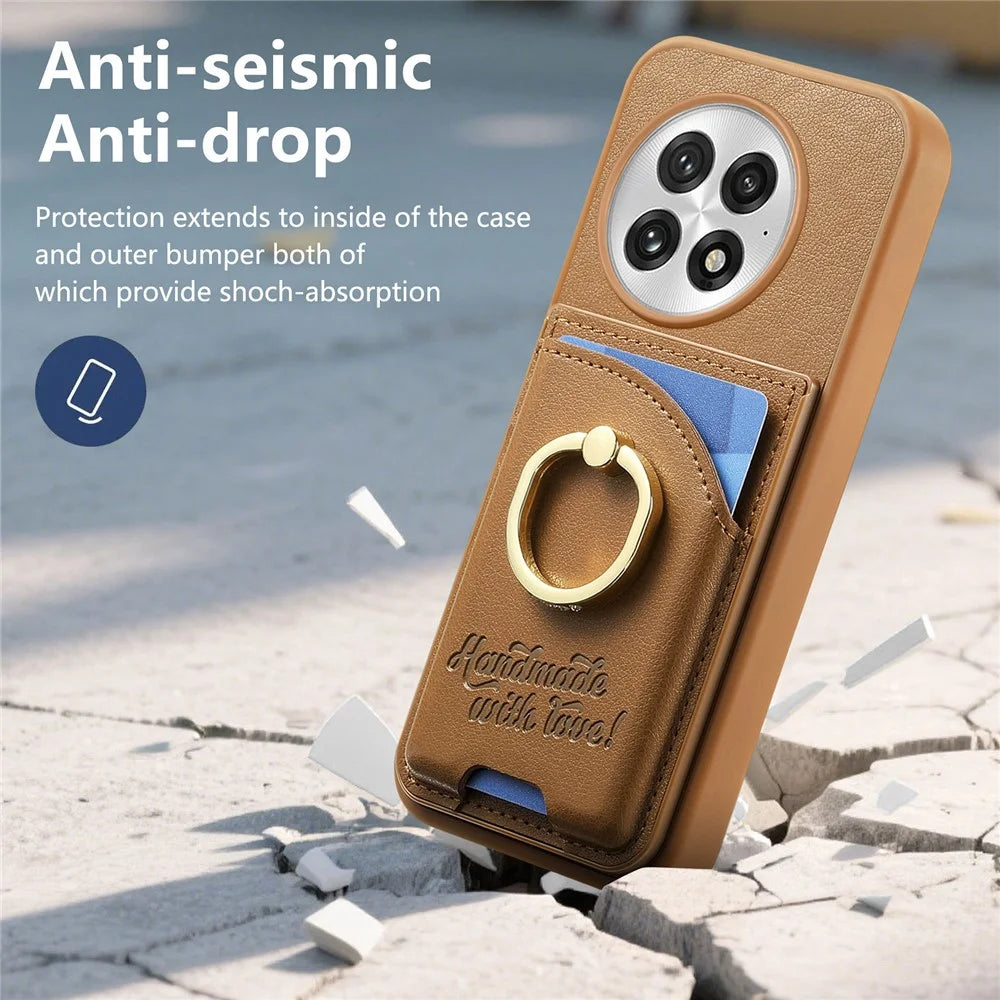 For OnePlus 13 Case Card Holder Rhinestone Ring Holder Kickstand Leather Back Phone Cover - Brown - 6