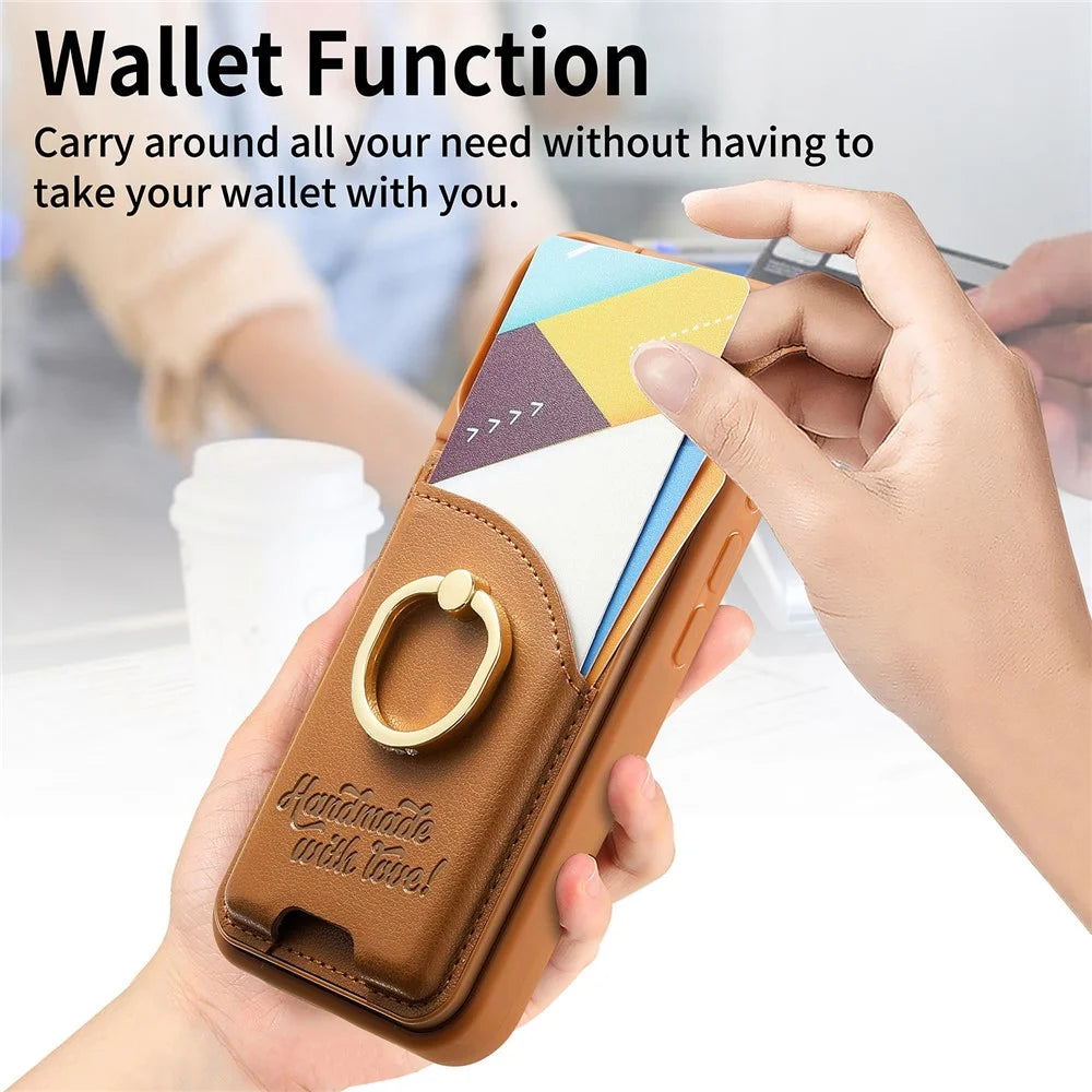 For OnePlus 13 Case Card Holder Rhinestone Ring Holder Kickstand Leather Back Phone Cover - Brown - 7
