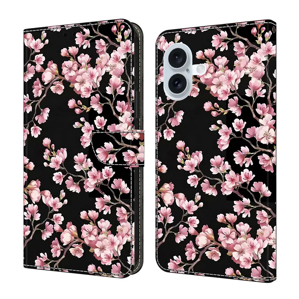 For iPhone 17 Case Foldable Stand Wallet Pattern Printing PU Leather Flip Phone Cover - Peach Blossom - 1